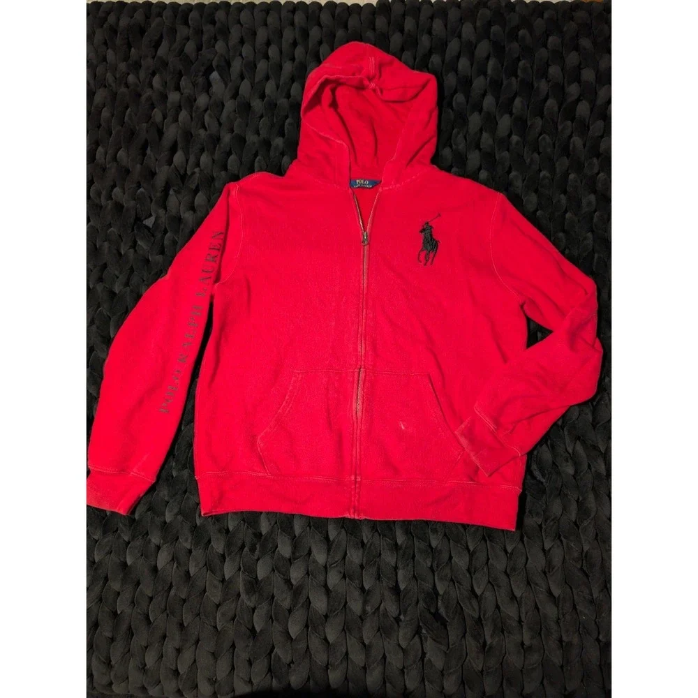 Polo Ralph Lauren Red Big Pony Waffle Knit Full-Zip Hoodie Sleeve Logo Size Med